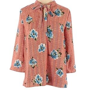 🌺 Les Amis Chevron Floral Print Tie Neck Blouse Size S NWT